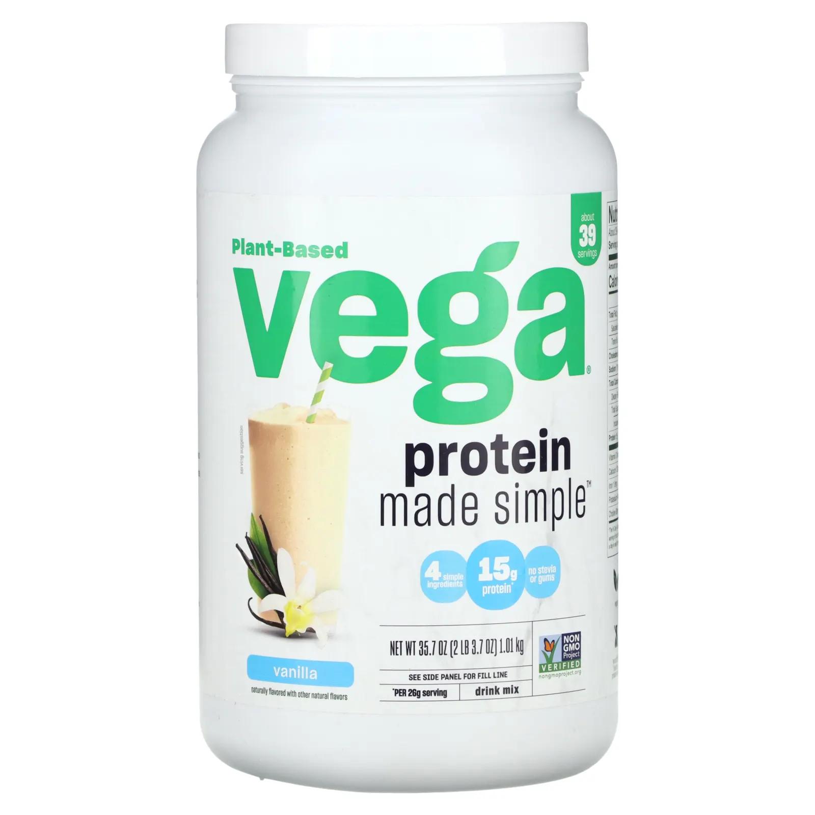 Vega На растительной основе Protein Made Simple ваниль 2 фунта (3,7 унции) vega sport протеин премиального качества на растительной основе со вкусом ягод 1 89 кг 4 фунта