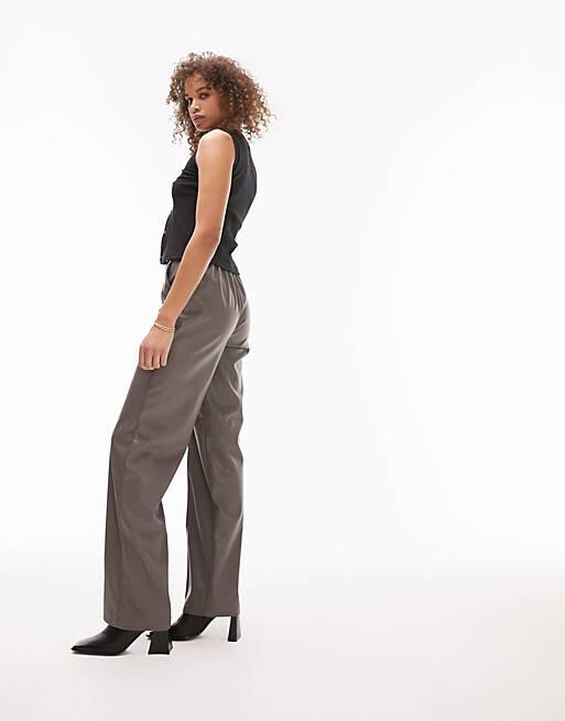 

Серо-коричневые широкие брюки из искусственной кожи Topshop Tall, Коричневый