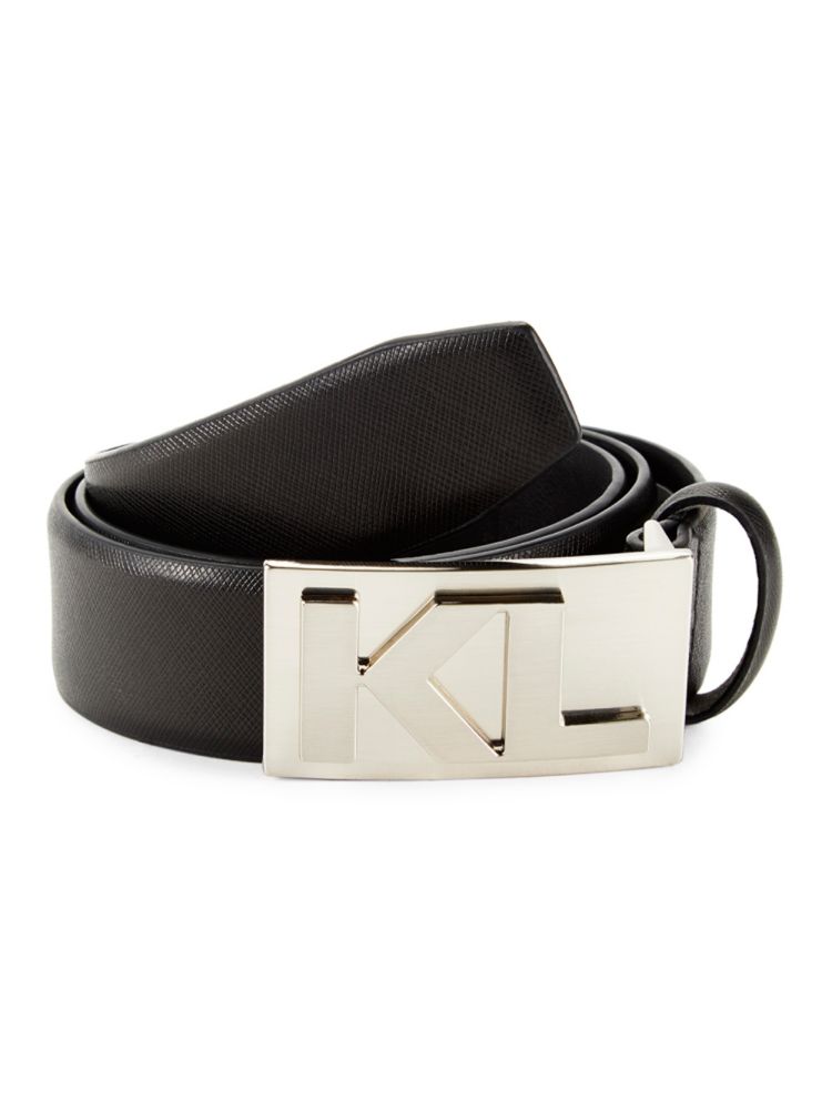 Кожаный ремень с металлическим логотипом шириной 1,25 дюйма Karl Lagerfeld Paris, черный