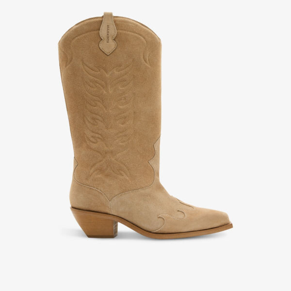 

Замшевые ботинки dolly western на каблуке до колена с вышивкой Allsaints, бежевый