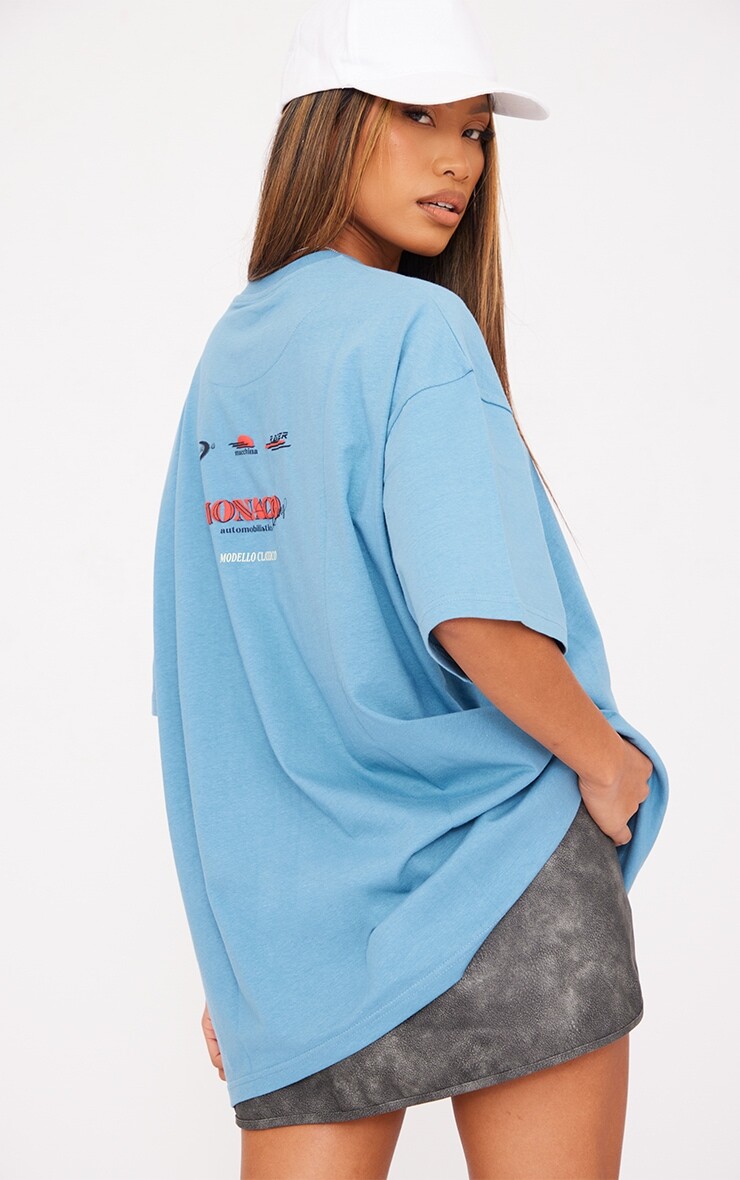 

PrettyLittleThing Синяя футболка Monaco Racing Back с пышным принтом, Синий
