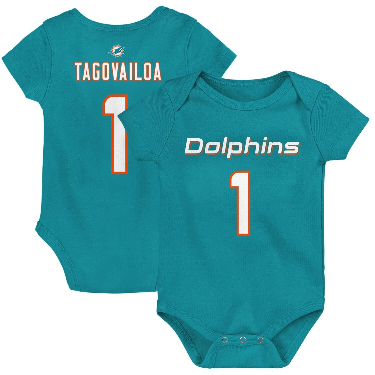 

Боди для младенцев Tua Tagovailoa Aqua Miami Dolphins Mainliner Имя и номер игрока Outerstuff
