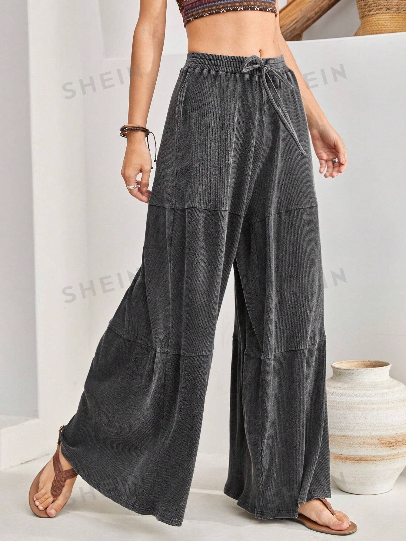 цена SHEIN BohoFeels Женские широкие брюки с завязками на талии, черный