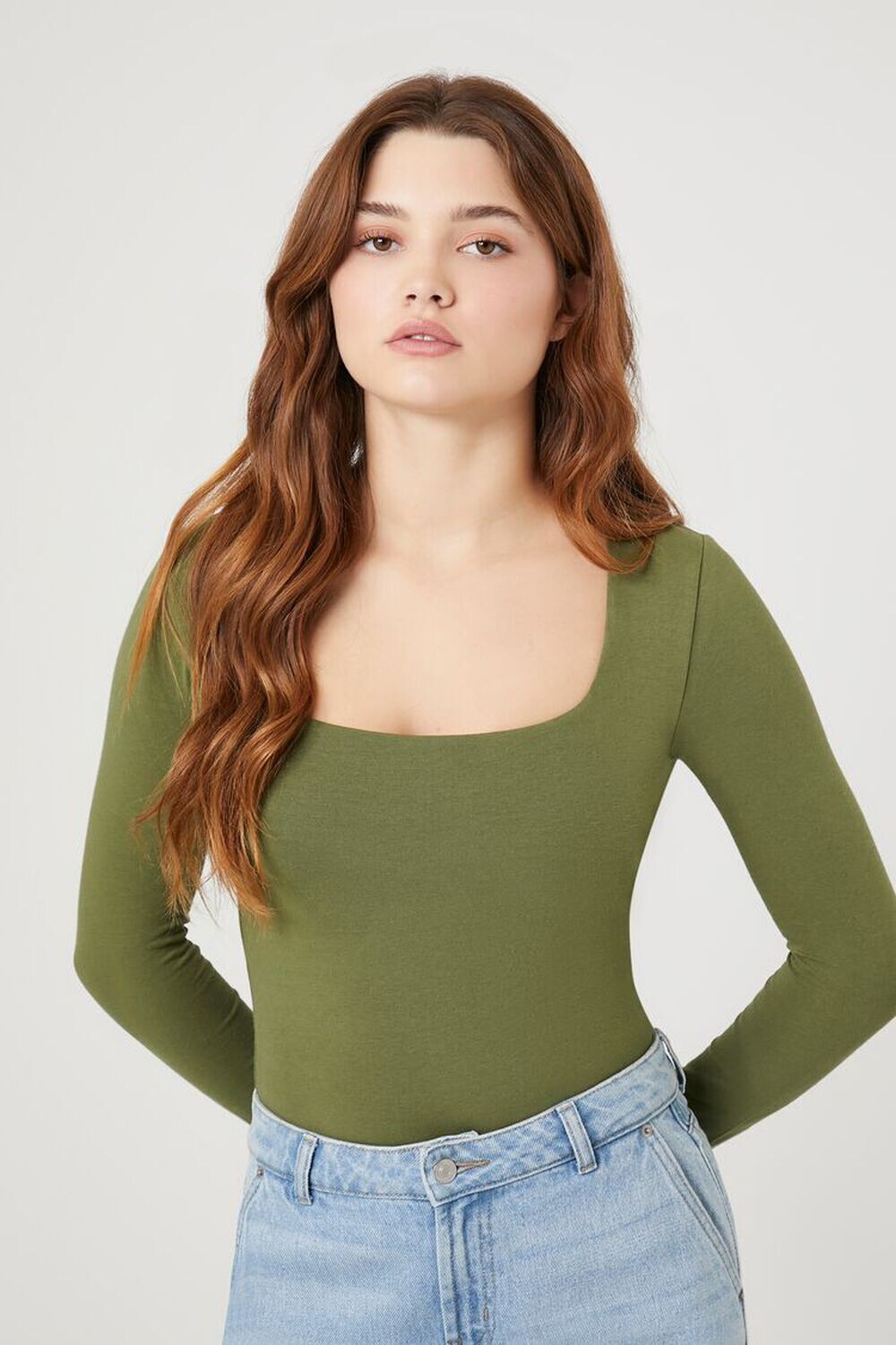 

Приталенное боди с длинными рукавами Forever 21, кипарис