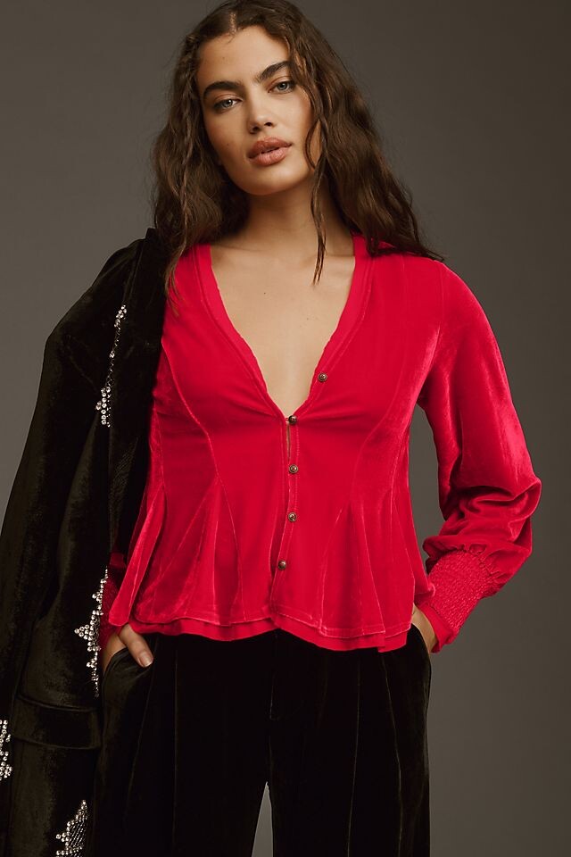

Блузка Anthropologie Swing бархатная, малиновый