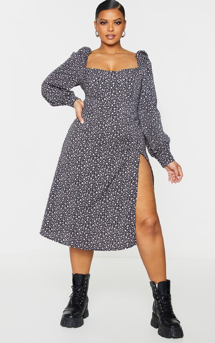 

PrettyLittleThing Черное платье миди с пышными рукавами и цветочным принтом Plus