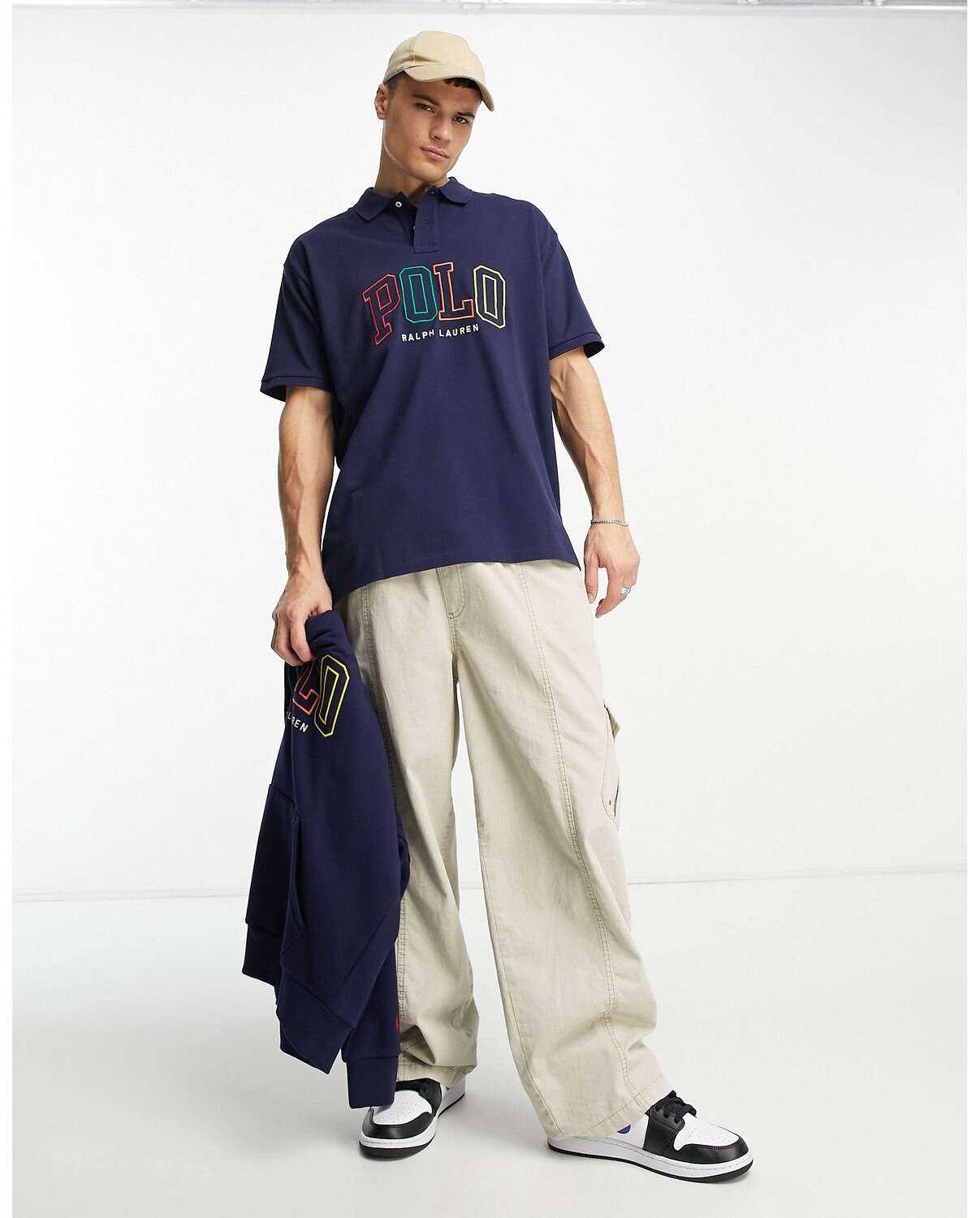 

Темно-синее поло свободного кроя из пике с логотипом Polo Ralph Lauren, Синий