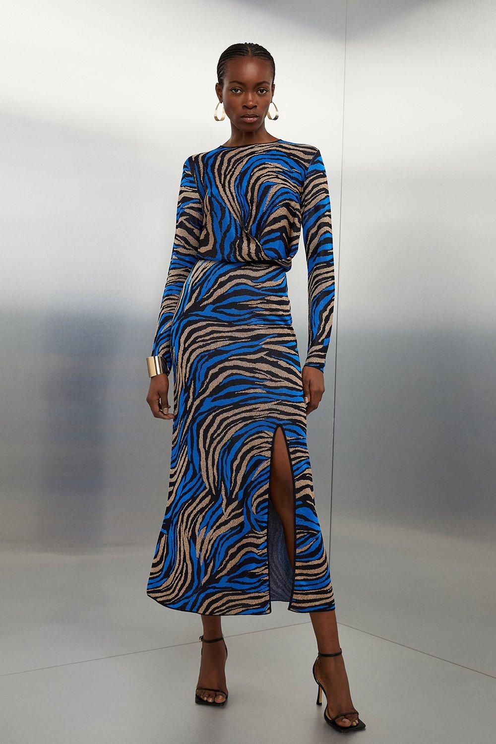 Облегающее трикотажное платье мидакси из жаккардовой вискозы с разрезом Karen Millen, синий