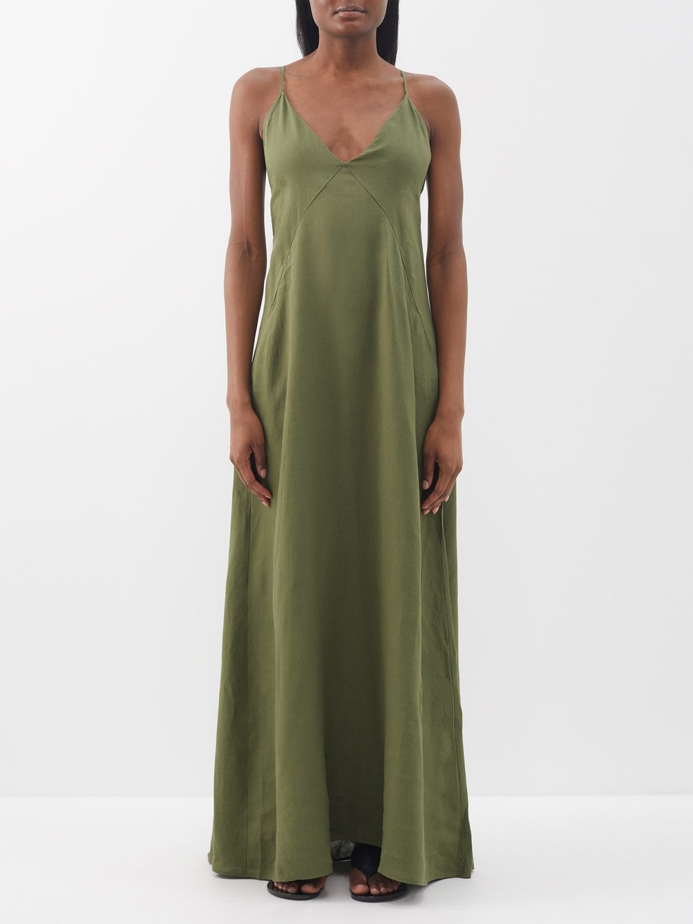 Платье макси из органического льна с глубоким вырезом Another Tomorrow, зеленый