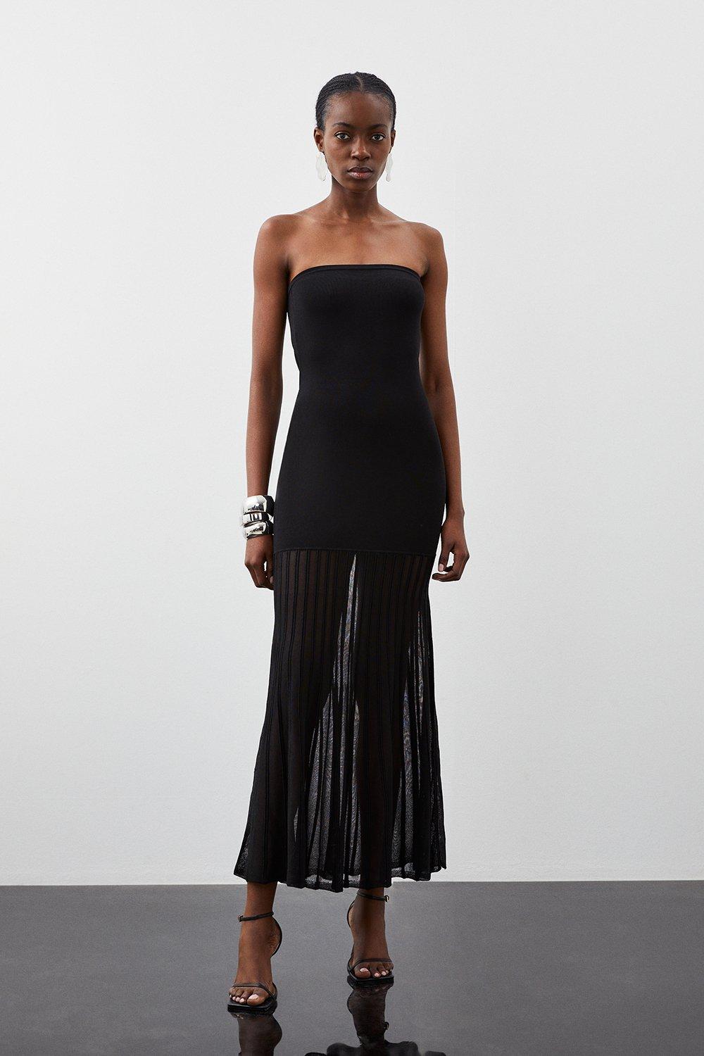 цена Высокая плиссированная юбка из смесовой вискозы прозрачной вязки Платье мидакси с плиссированной юбкой-бандо Karen Millen, черный