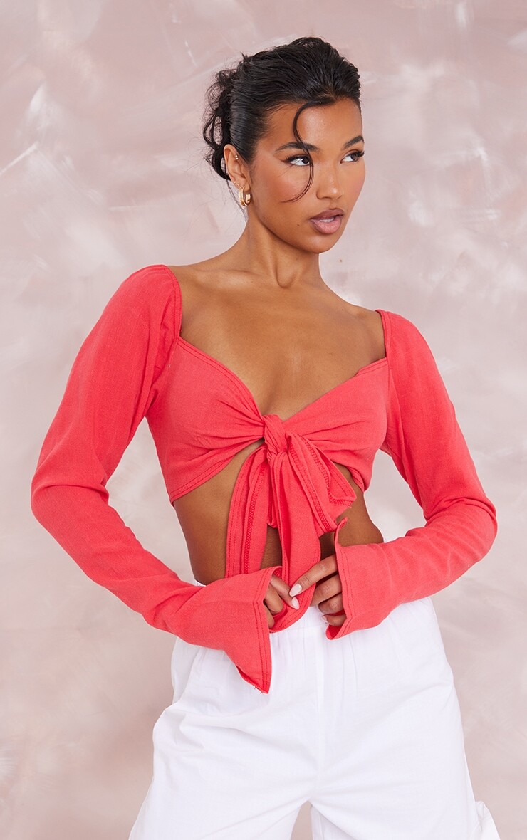 

PrettyLittleThing Коралловая льняная блузка с завязкой спереди