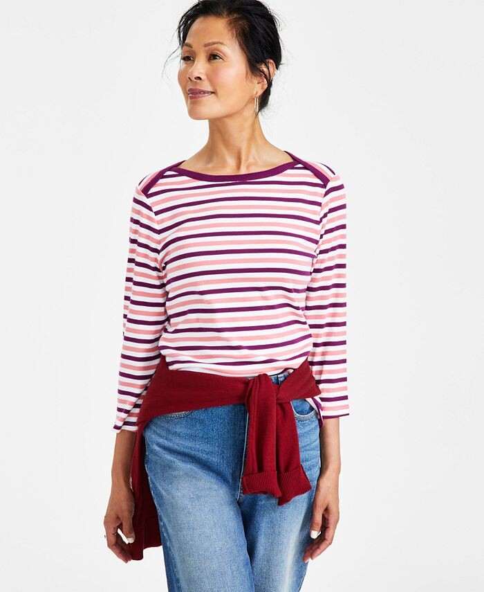 

Женский хлопковый топ Pima в полоску с рукавами 3/4 Style & Co, красный