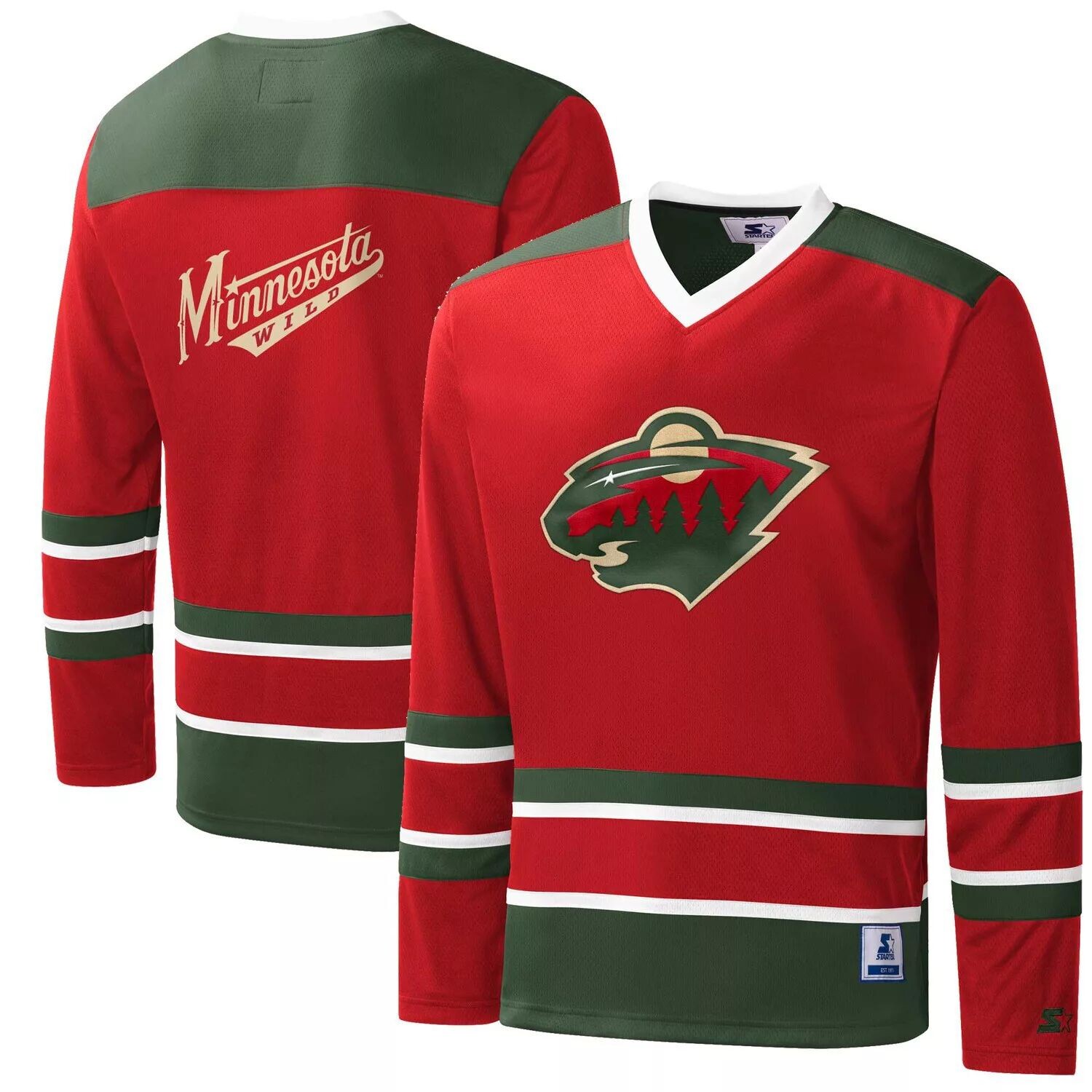 

Мужская стартовая красно-зеленая футболка из джерси в клетку Minnesota Wild Cross с v-образным вырезом и длинными рукавами Starter