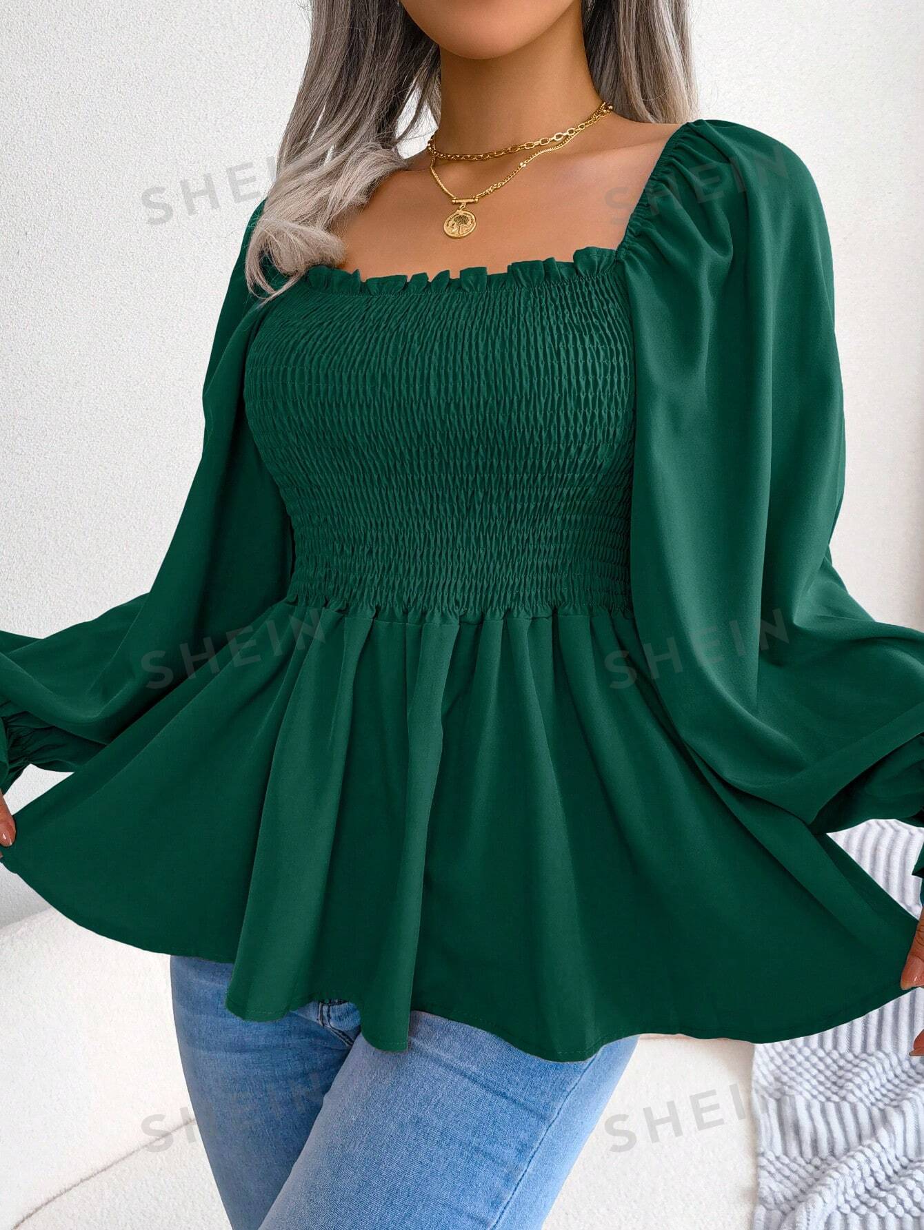 Весна/лето Повседневная шифоновая блузка в европейском и американском стиле с оборкой и квадратным воротником, зеленый