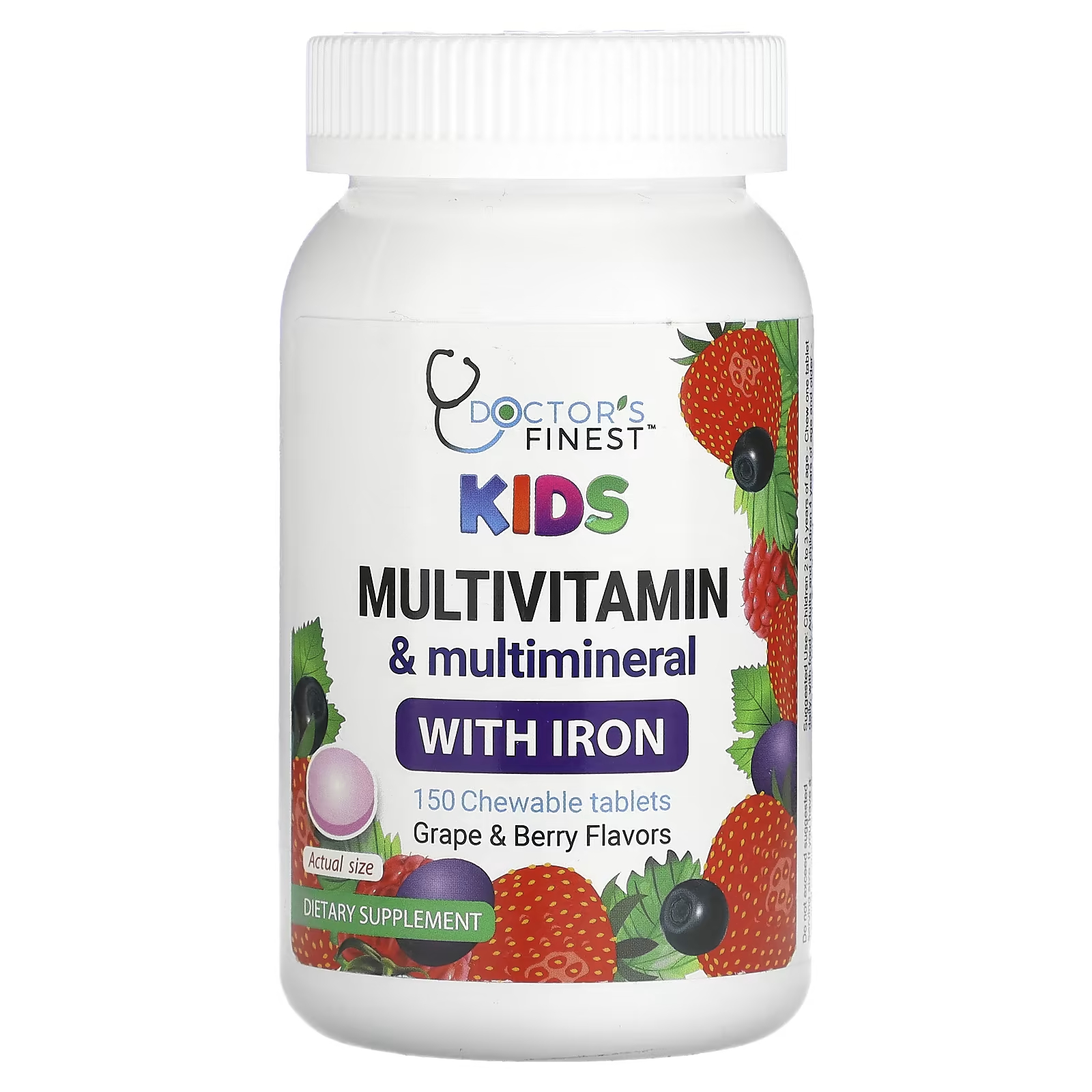 Детские мультивитамины и мультиминералы с железом, виноградом и ягодами, 150 жевательных таблеток Doctor's Finest