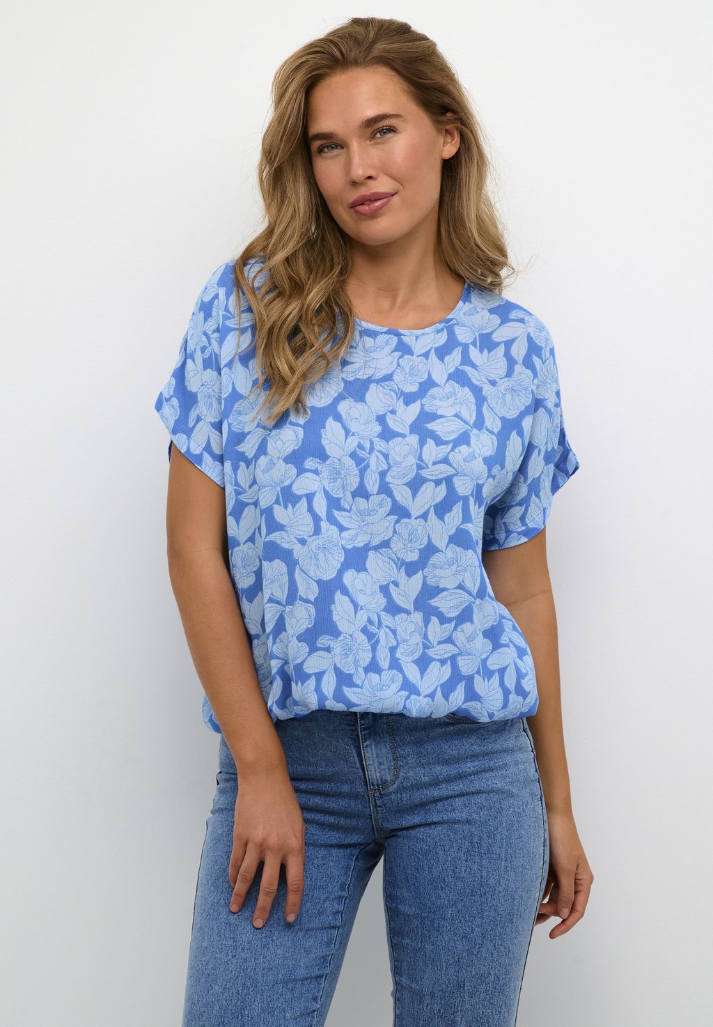 Блузка Kaffe blue flower print pajamas set women stain shirt