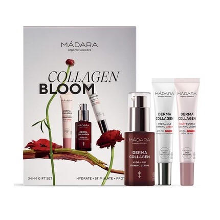 

Подарочный набор MÁDARA Organic Skincare Collagen Bloom — мощный натуральный способ повышения выработки коллагена, включает в себя три мини- и полноразмерных компонента для улучшения выработки коллагена.