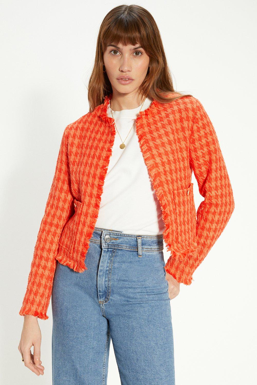 цена Твидовый пиджак в клетку Petite с бахромой Oasis, оранжевый