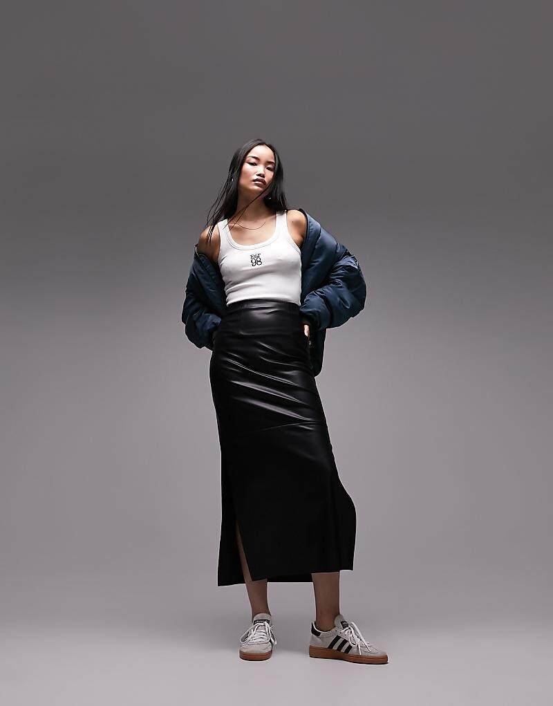 

Черная кожаная юбка макси с косой отделкой Topshop
