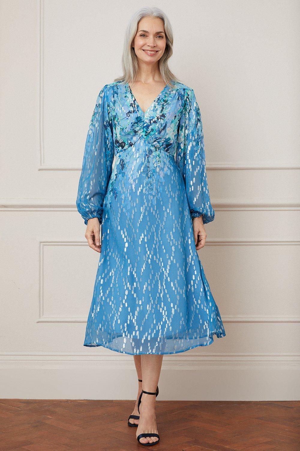 Платье миди с цветочным принтом металлик и объемными рукавами Wallis, синий