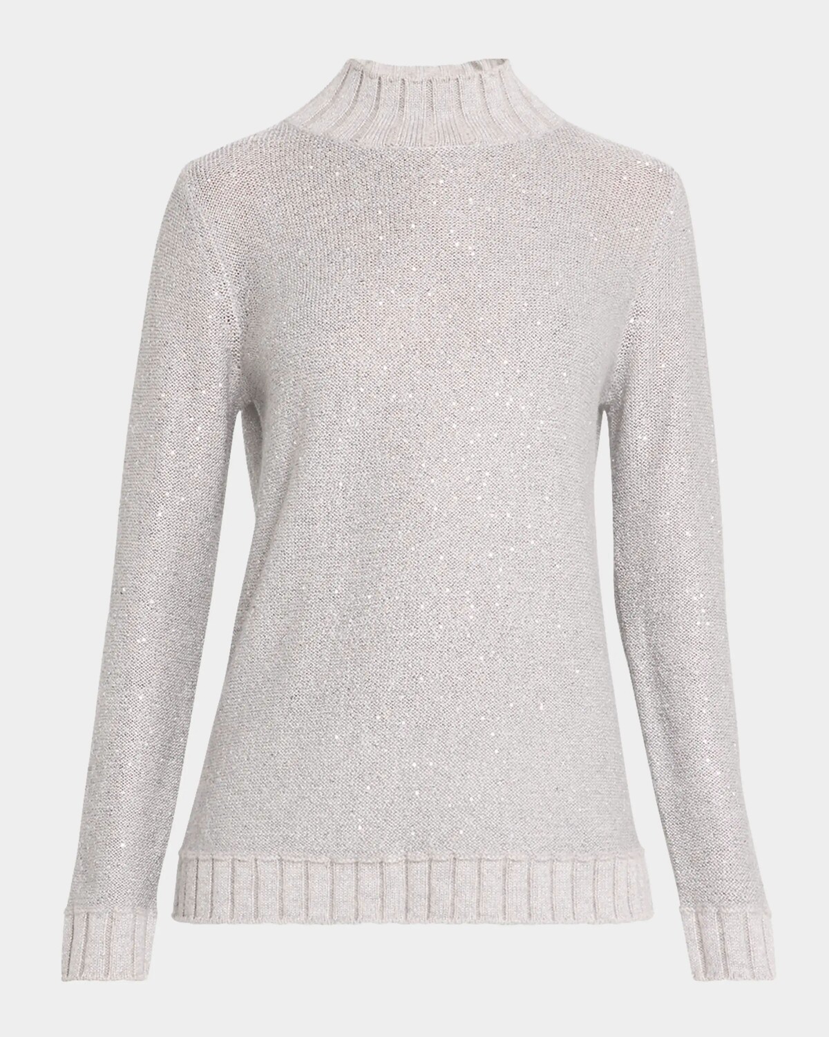

Кашемировый вязаный свитер с воротником-стойкой и пайетками Neiman Marcus Cashmere Collection, цвет Pearl Grey