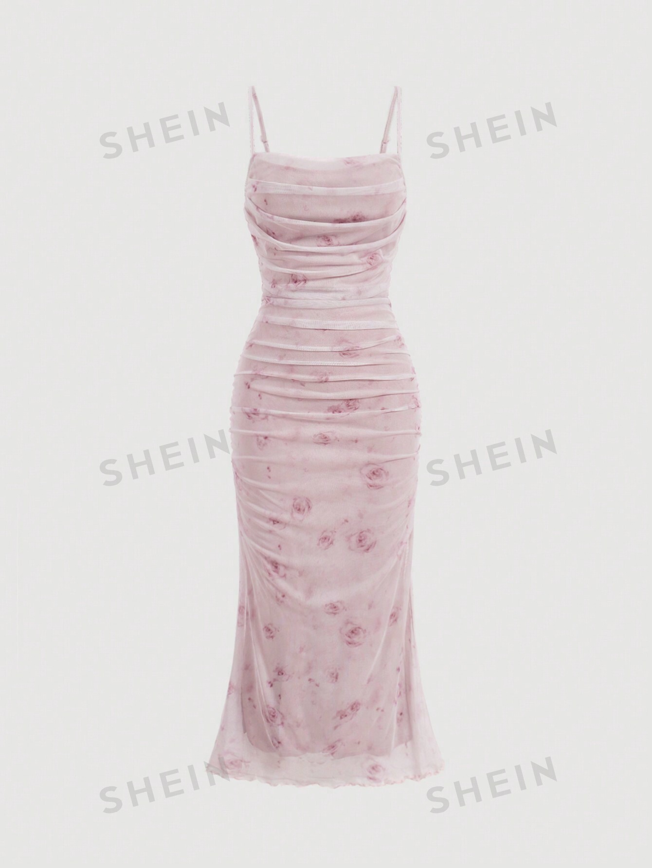 цена SHEIN MOD Плиссированное платье-комбинация с цветочным принтом и рюшами по подолу, абрикос