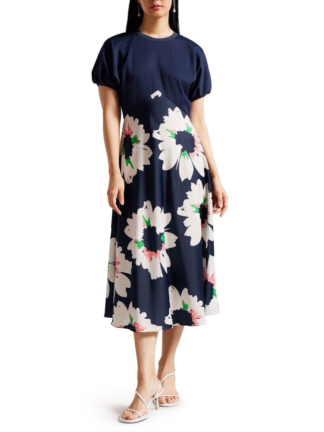 

Платье миди с цветочным принтом и лифом Ted Baker Fridah Ponte, Темно-синий