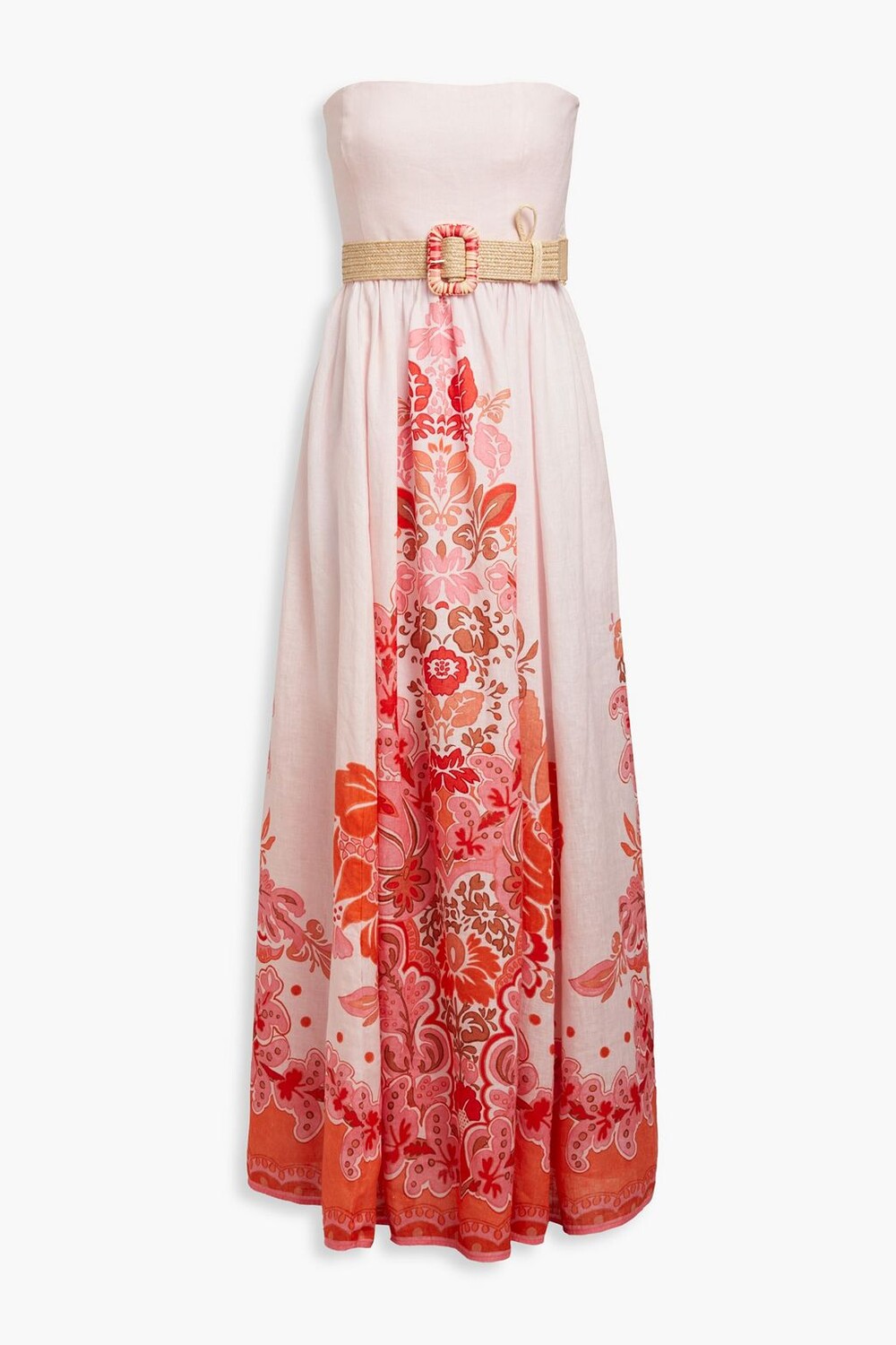 

Льняное платье макси без бретелек с поясом и принтом ZIMMERMANN, коралловый, Красный