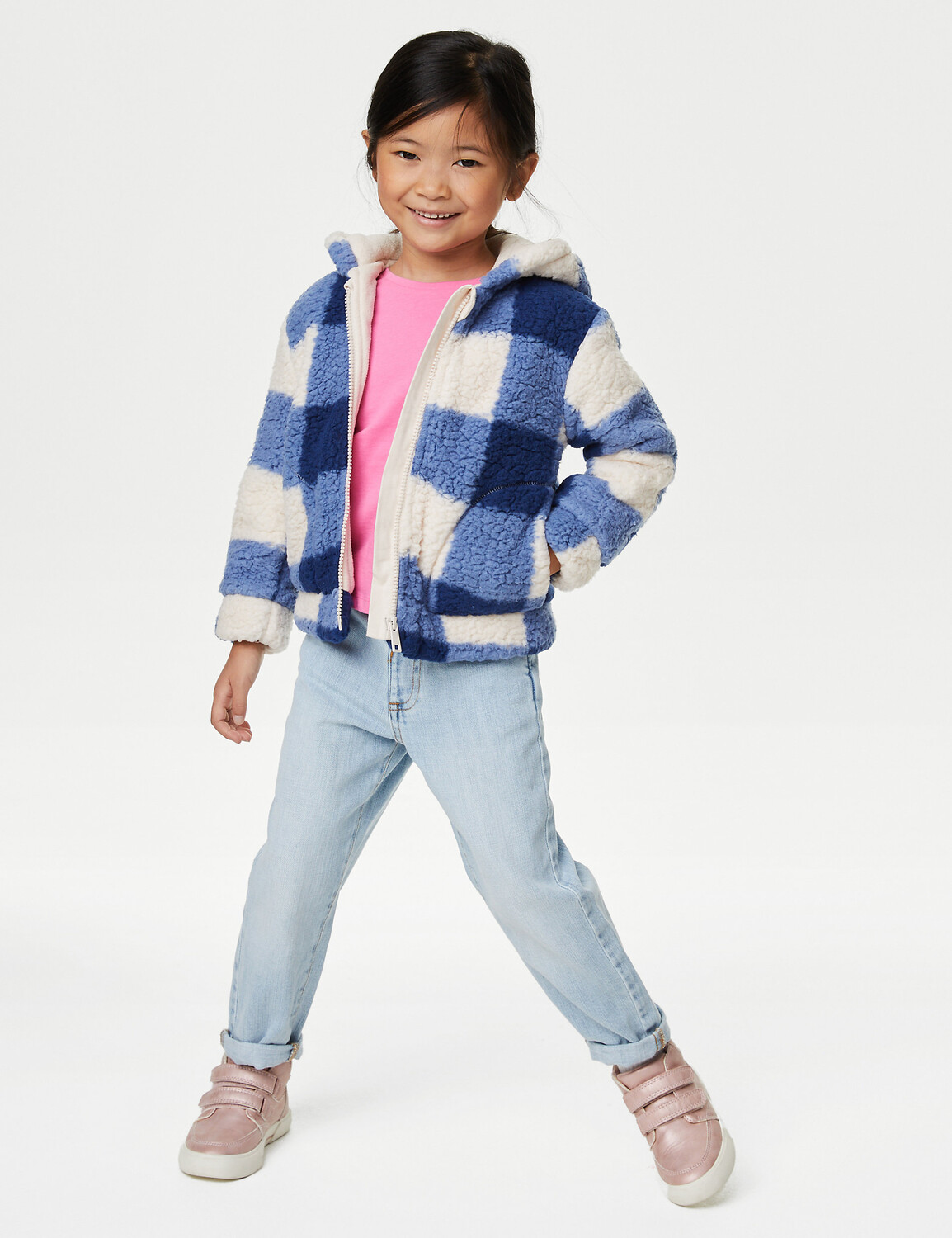 

Флисовая куртка Borg с капюшоном в клетку (2–8 лет) Marks & Spencer, синий микс