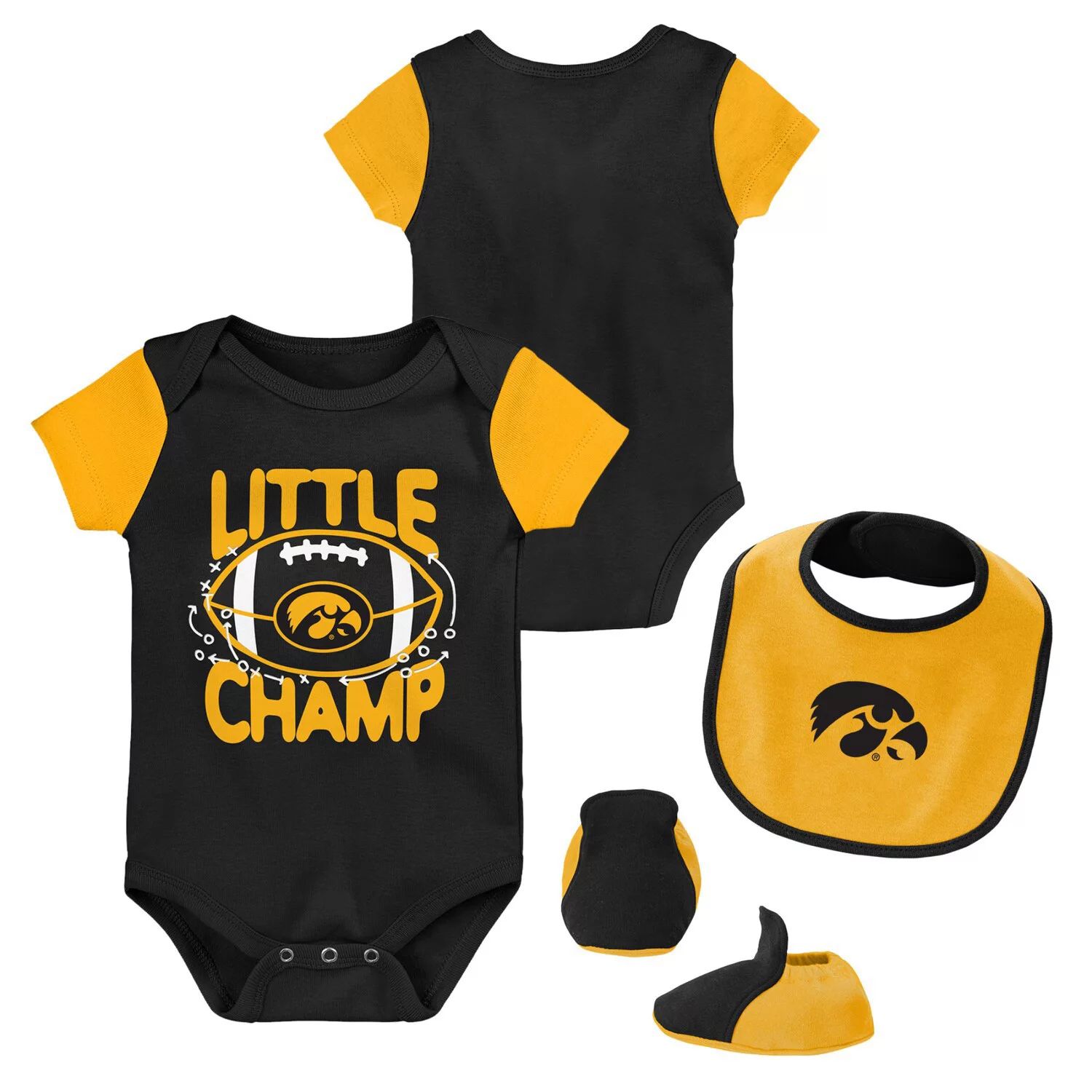 Черный/золотой комплект боди Iowa Hawkeyes Little Champ для новорожденных и младенцев с нагрудником и пинетками Outerstuff