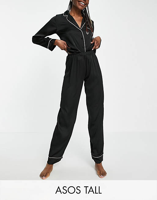 

Черная атласная пижама из рубашки и брюк с длинными рукавами ASOS DESIGN Tall