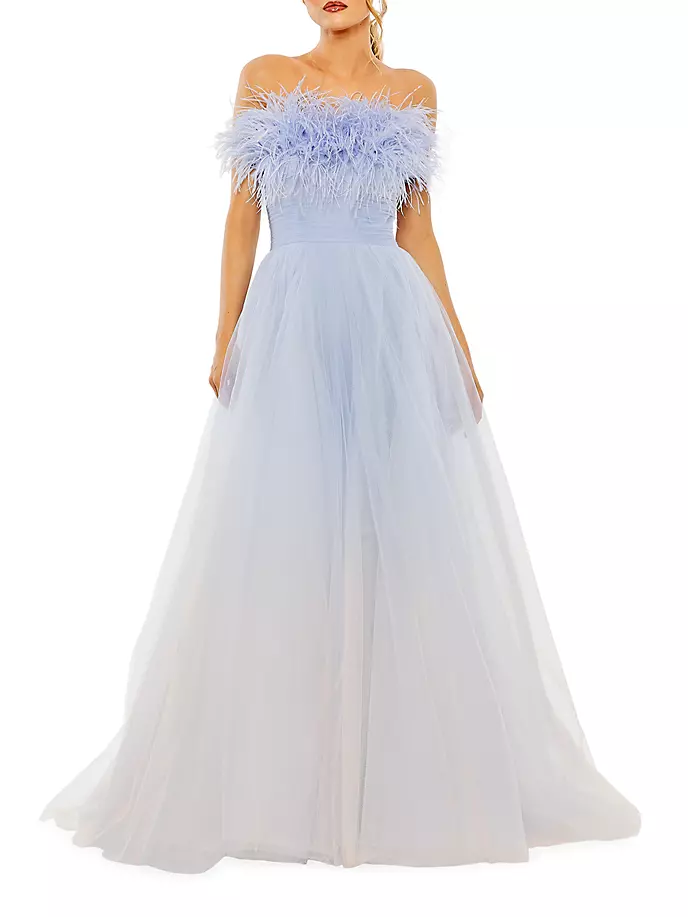 

Платье без бретелек из перьев и тюля Mac Duggal, цвет blue ombre