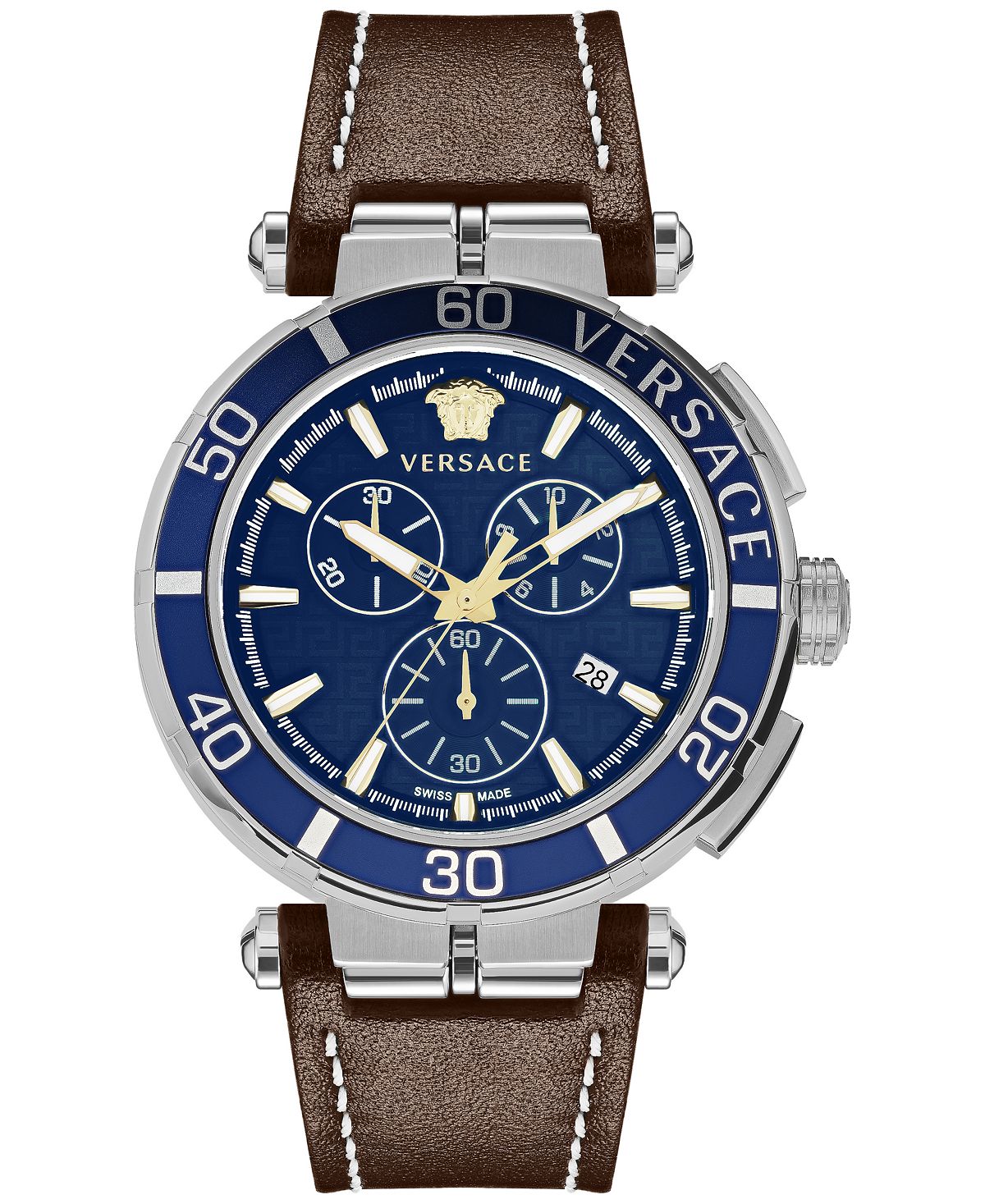 цена Мужские швейцарские часы с хронографом Greca, коричневый кожаный ремешок, 45 мм Versace
