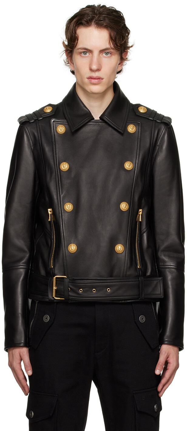 

Черная двубортная кожаная куртка Balmain, Черный