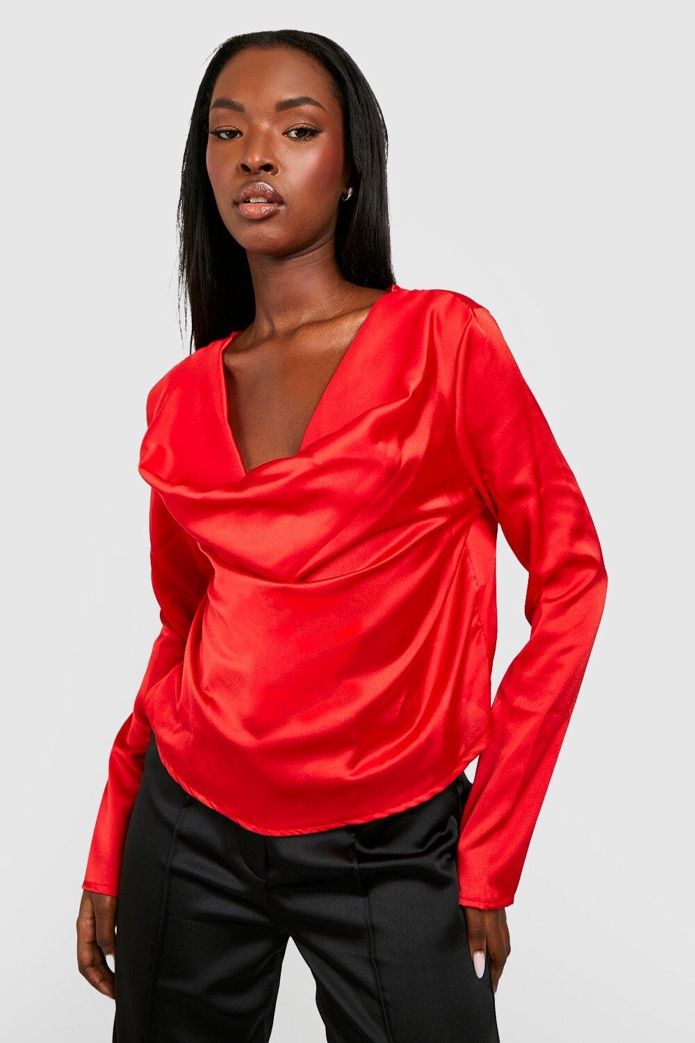 

Атласный топ с капюшоном и длинными рукавами Boohoo, красный
