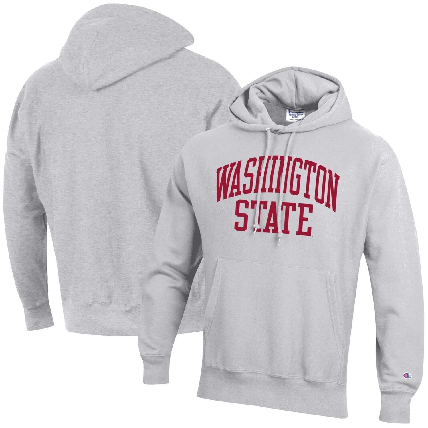 

Мужской серый пуловер с капюшоном Washington State Cougars Team Arch обратного переплетения с принтом меланжевого цвета Champion