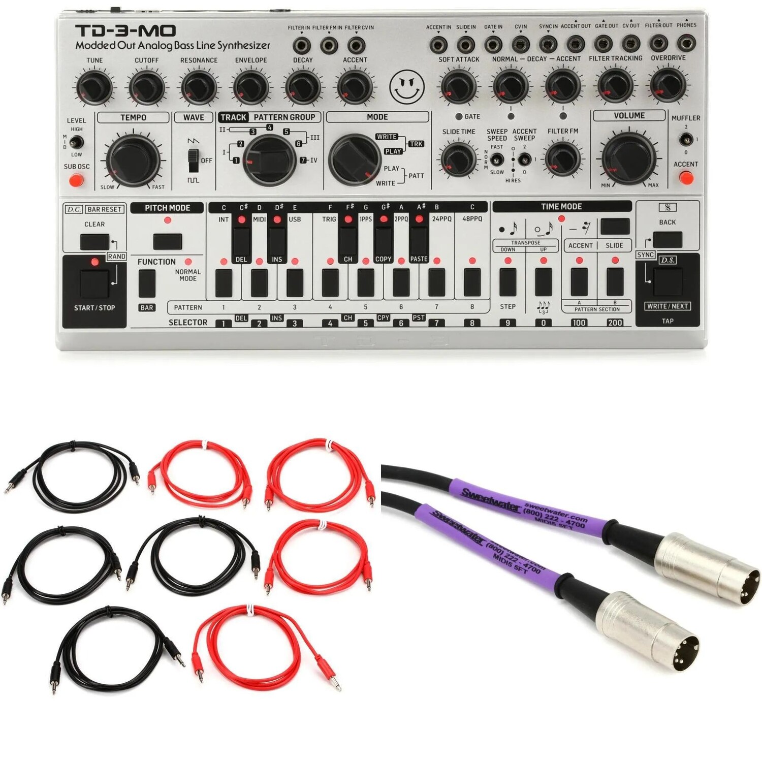 

Новый аналоговый синтезатор басовой линии Behringer TD-3-MO-SR с кабелями — серебристый