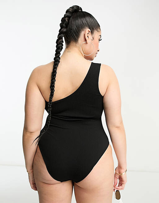 

Черный купальник на одно плечо со складками ASOS DESIGN Curve