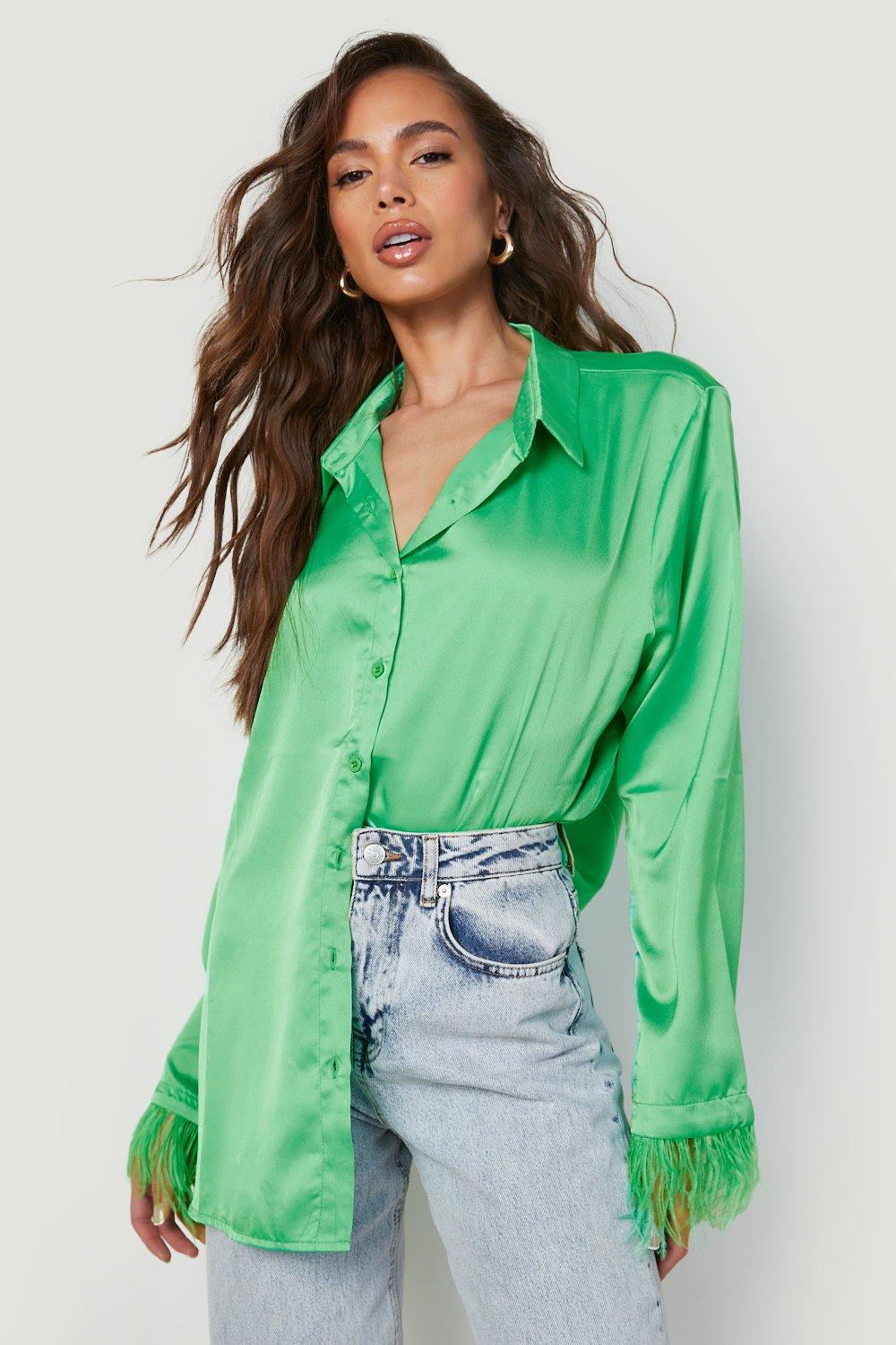 Атласная рубашка с перьями на манжетах Boohoo, зеленый