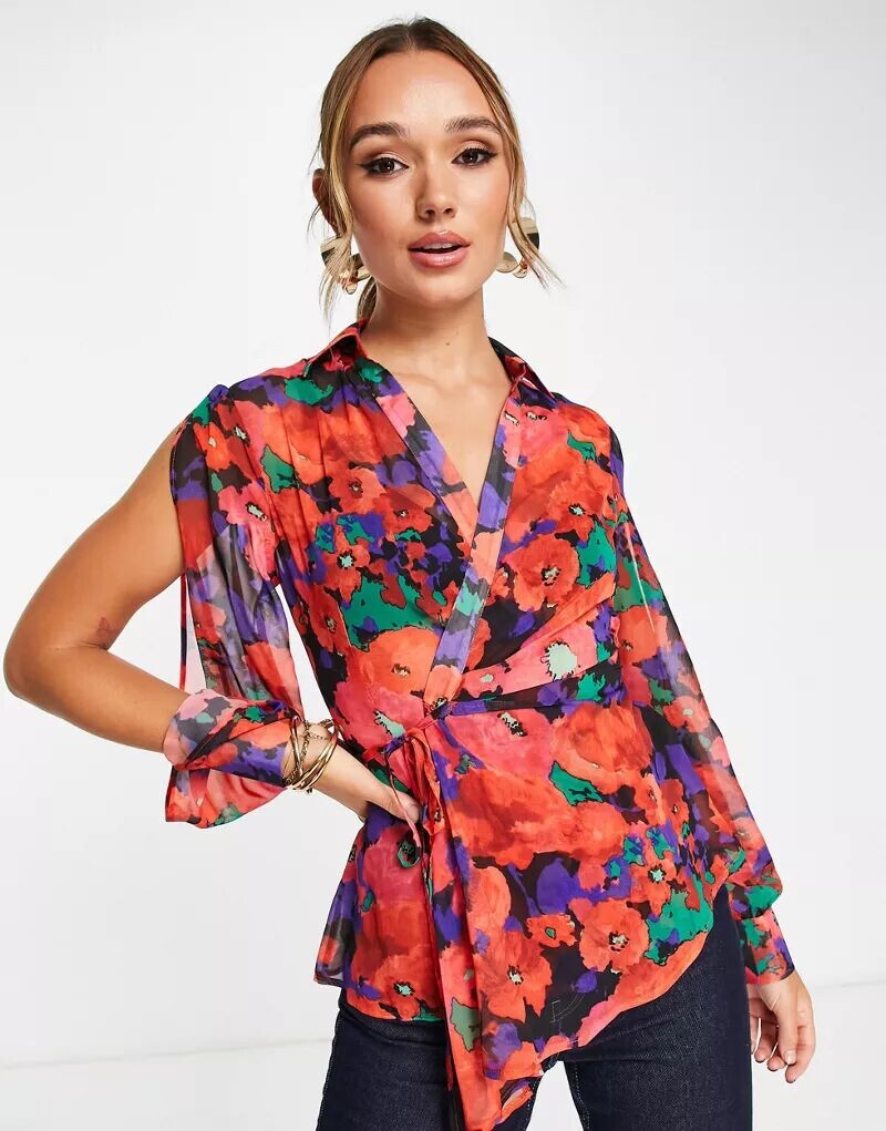 

Прозрачная рубашка с запахом и разрезами на рукавах ASOS с выцветшим цветочным принтом