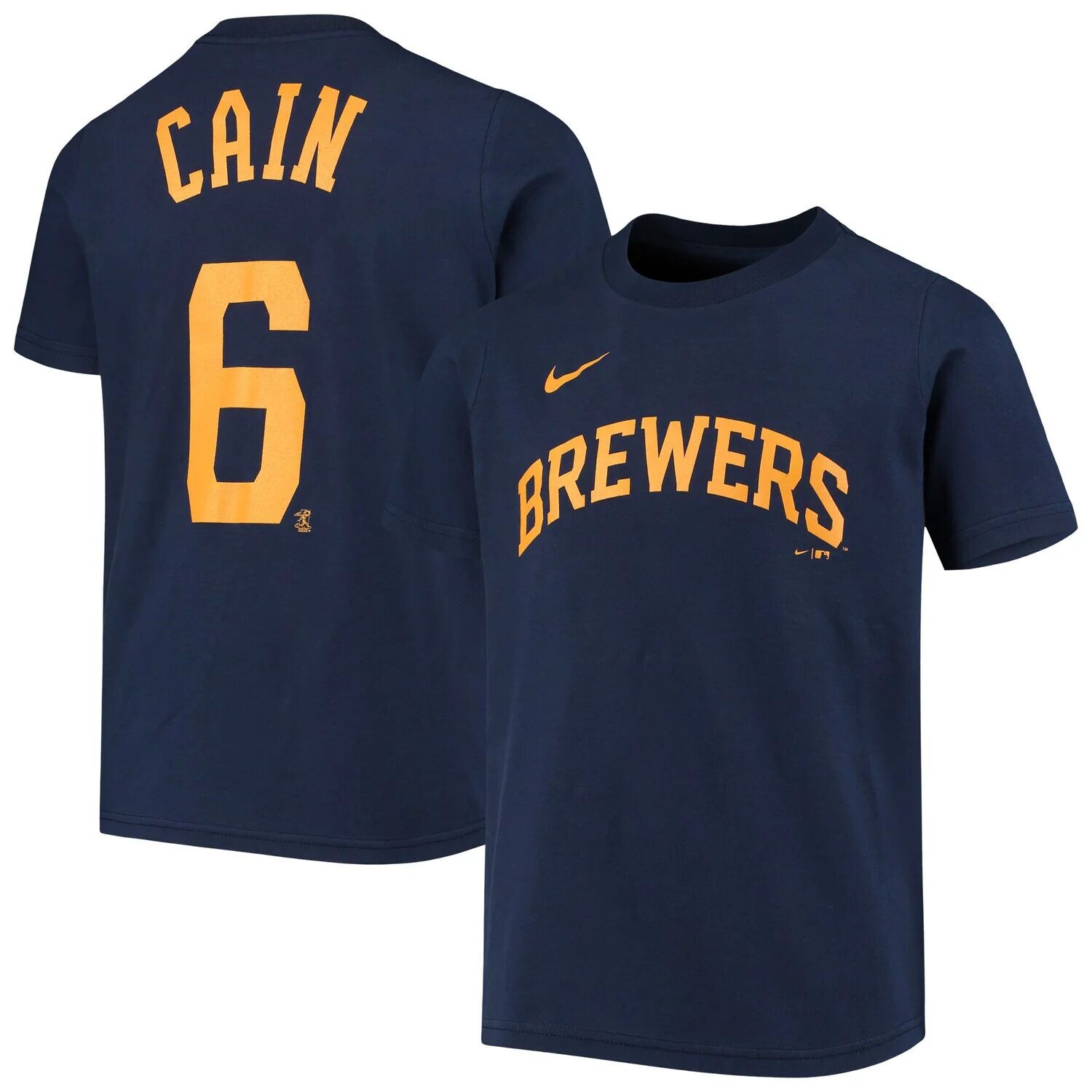 

Молодежная футболка Nike Lorenzo Cain Navy Milwaukee Brewers с именем и номером игрока Nike