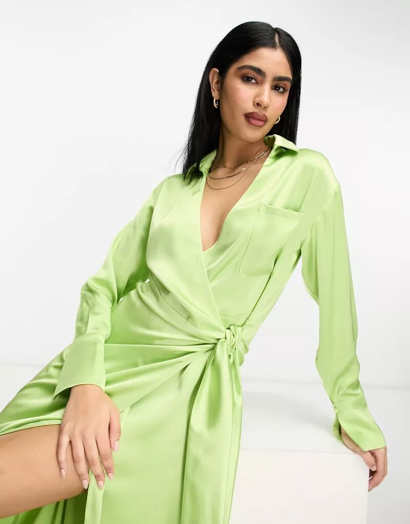 Зеленое платье-рубашка миди с запахом Pretty Lavish