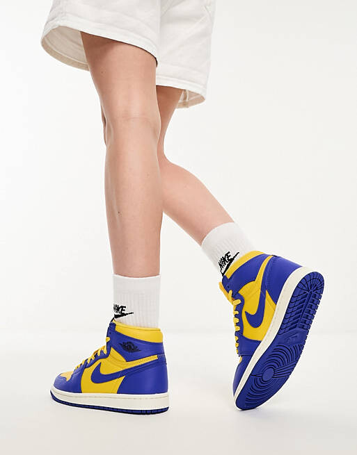 

Синие и желтые кроссовки Jordan AJ1 Hi OG, Синий