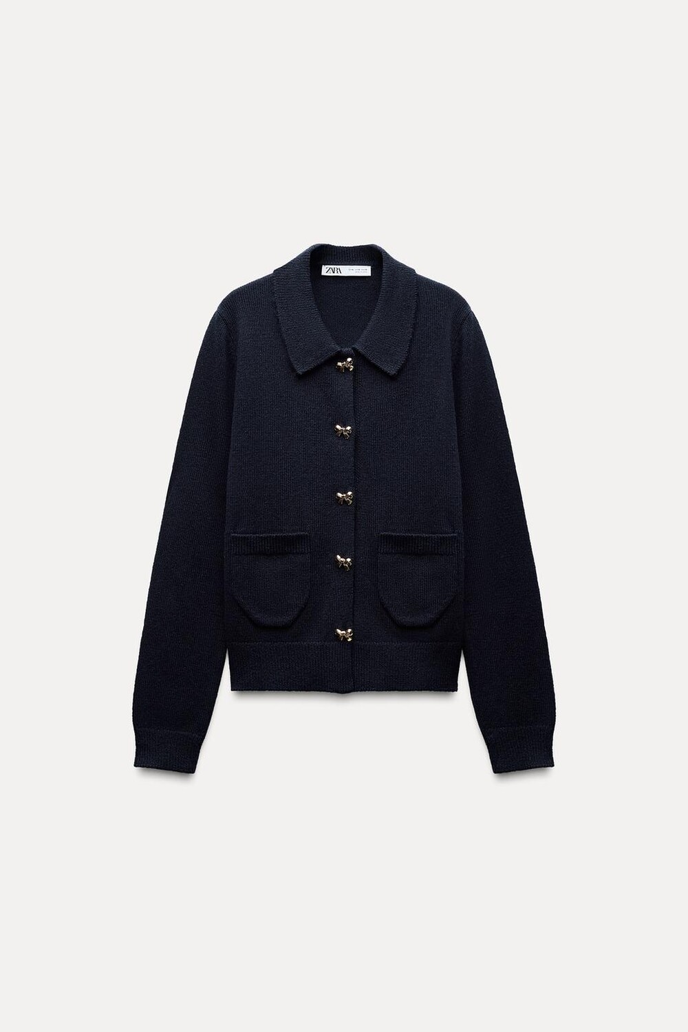 Вязаный кардиган с пуговицами и бантами ZARA, темно-синий