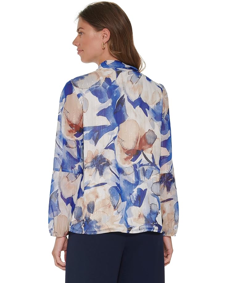 блуза dkny v neck long sleeve blouse черный Блуза DKNY Long Sleeve Tie Neck Blouse, цвет Painted Floral/Deep Cobalt Multi