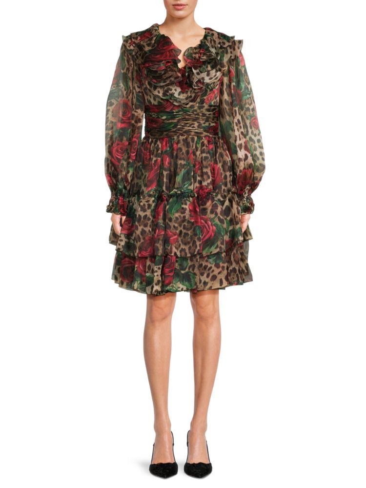 Шелковое платье с леопардовым принтом и рюшами Dolce&Gabbana, коричневый шелковое платье с принтом poppy dolce
