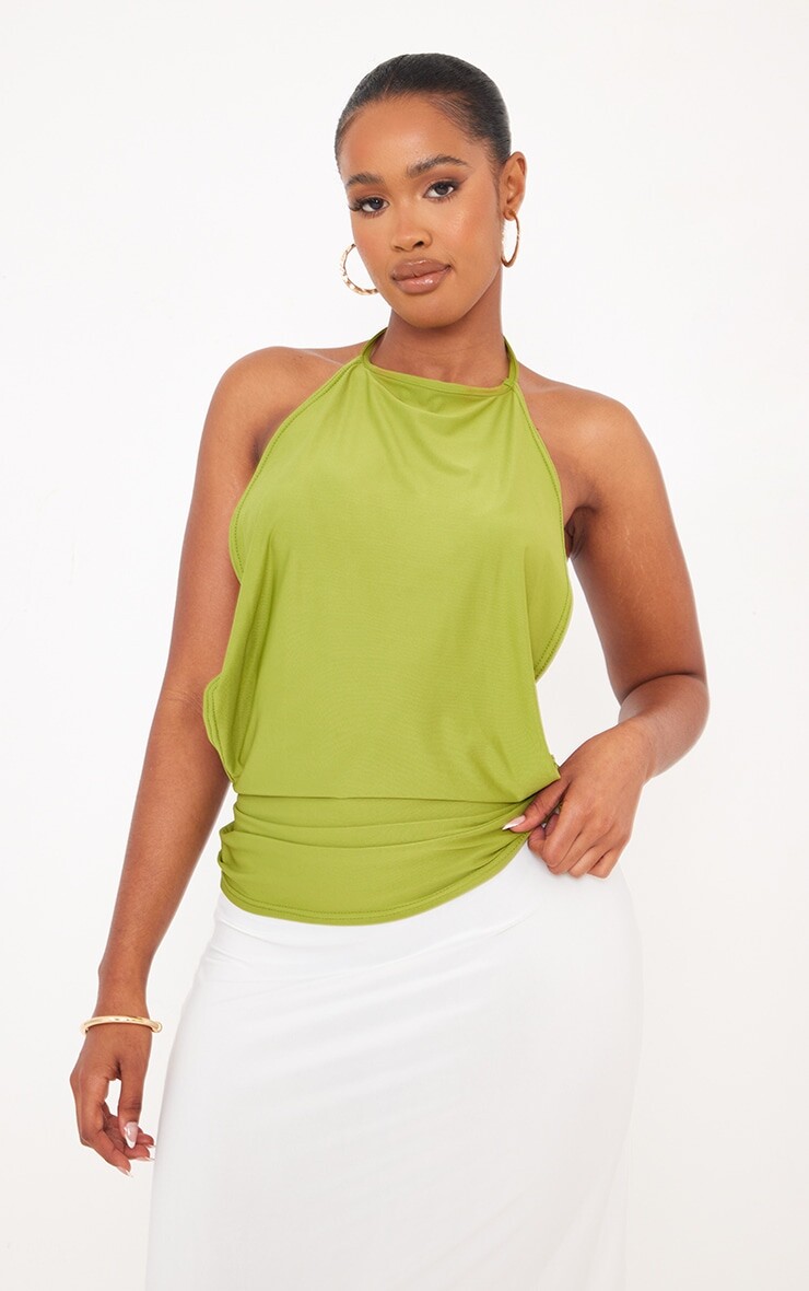 

PrettyLittleThing Удлиненный облегающий топ с низкой спинкой Shape Olive