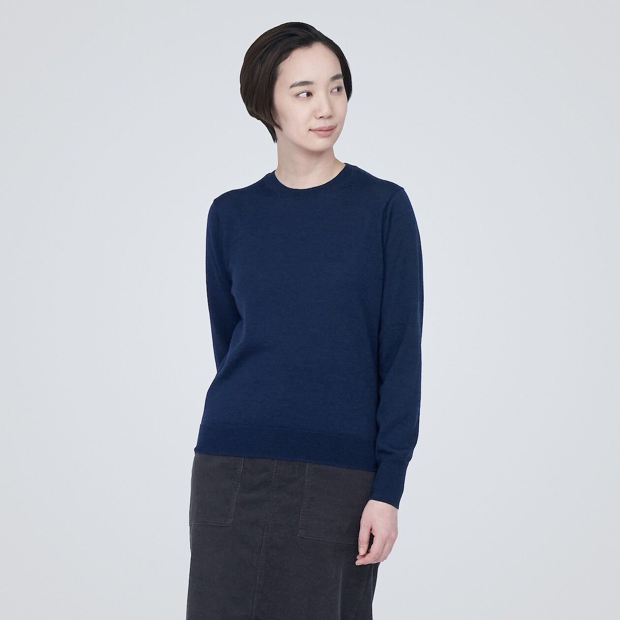 

Моющийся шерстяной свитер с круглым вырезом высокой плотности MUJI, синий