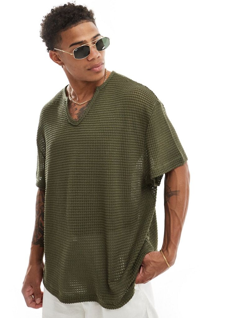 

ASOS DESIGN – футболка оверсайз цвета хаки, связанная крючком