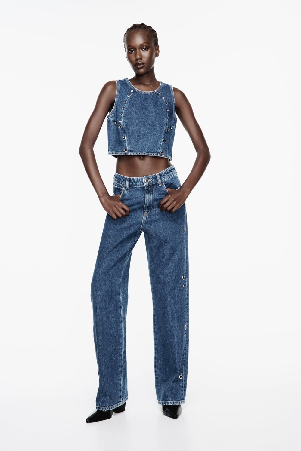 

Джинсы прямого кроя с завышенной талией и люверсами Z1975 ZARA, синий